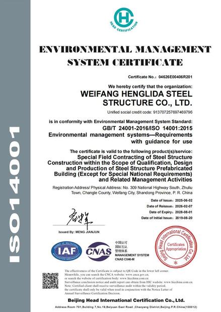 China Weifang Henglida Steel Structure Co., Ltd. certification