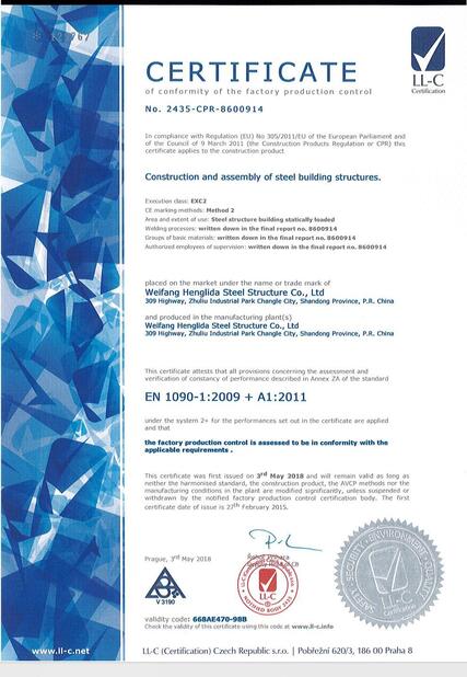 China Weifang Henglida Steel Structure Co., Ltd. certification